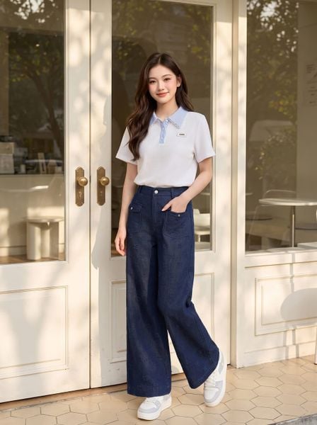  Quần denim suông túi ốp trước sau đính cúc kim loại 