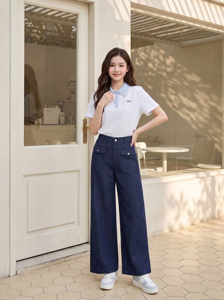  Quần denim suông túi ốp trước sau đính cúc kim loại 