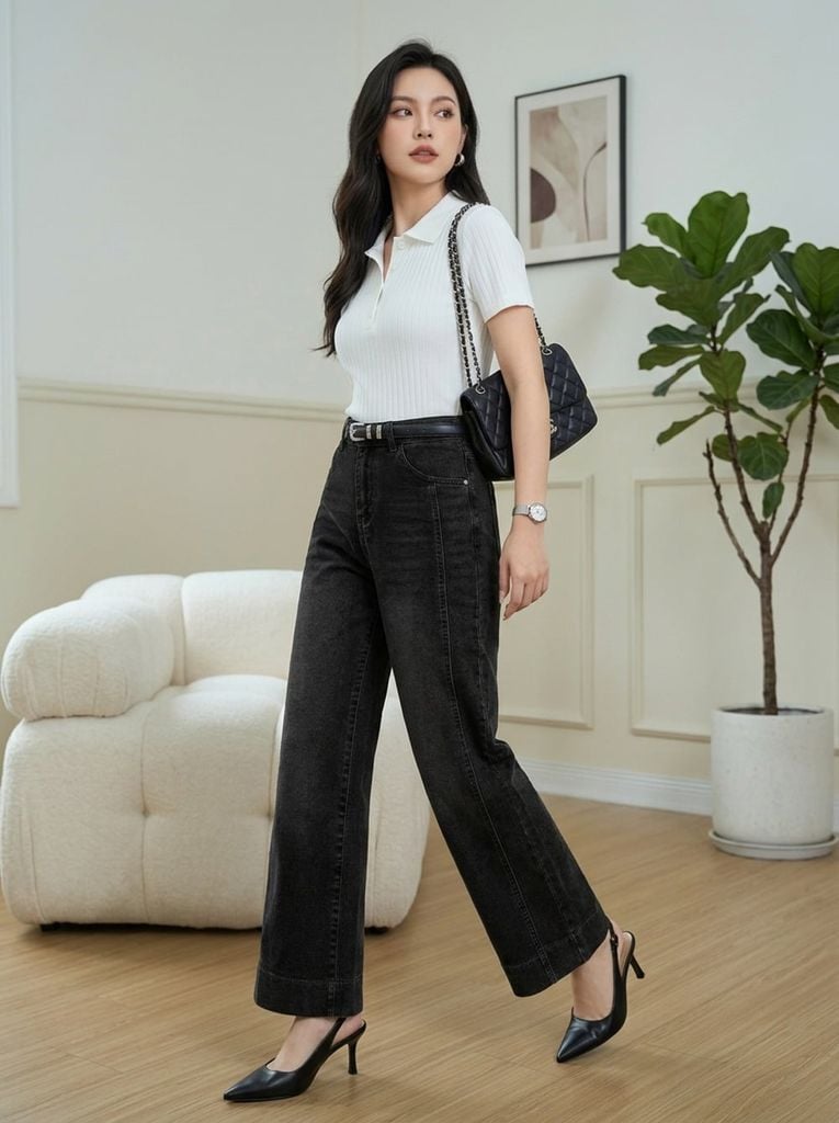  Quần jean nữ dáng suông cạp cao tạo gân trước thanh lịch 