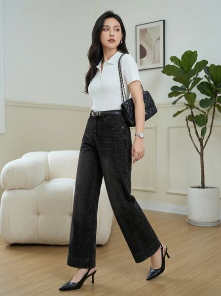  Quần jean nữ dáng suông cạp cao tạo gân trước thanh lịch 