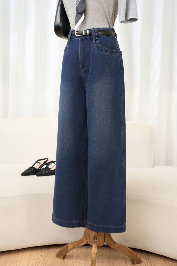  Quần jeans nữ Cardina dáng suông cạp cao mài nhẹ 