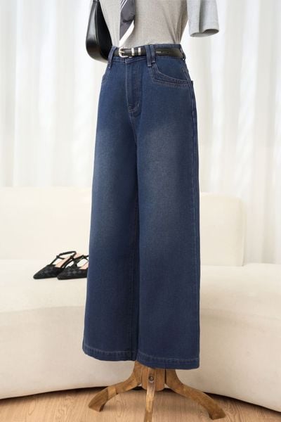  Quần jeans nữ Cardina dáng suông cạp cao mài nhẹ 