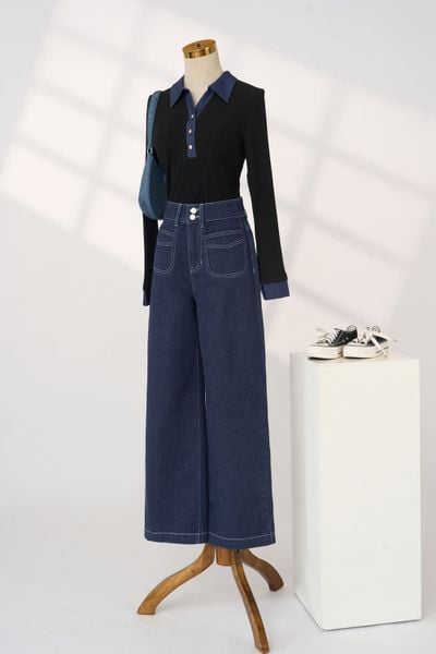  Quần jean suông nữ dáng cạp 2 khuy túi ốp Younger 