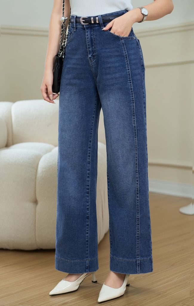  Quần jean nữ dáng suông cạp cao tạo gân trước thanh lịch 