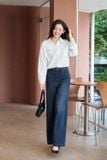  Quần jean nữ Denim dáng suông cạp cao mài nhẹ 