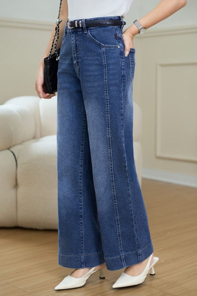  Quần jean suông cạp cao tạo gân gấu tạo kiểu cá tính 