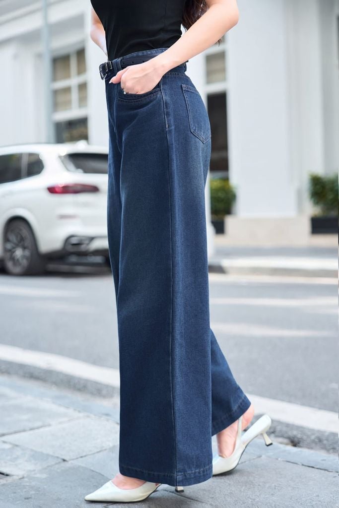  Quần jean nữ Denim dáng suông cạp cao mài nhẹ 