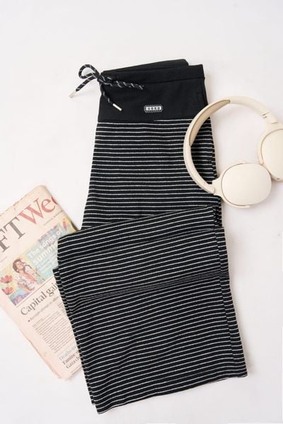 Quần suông cạp phối hông vải Nỉ kẻ ngang ấm áp cạp chun có dây điều chỉnh