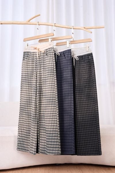 Quần dài nữ vải dạ kẻ dáng suông cạp chun dây rút