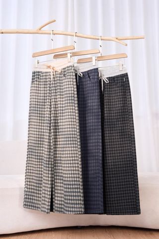 Quần dài nữ vải dạ kẻ dáng suông cạp chun dây rút