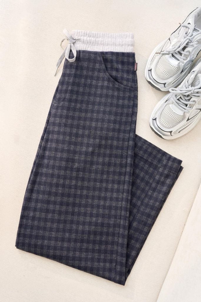  Quần dài nữ vải dạ kẻ dáng suông cạp chun dây rút 