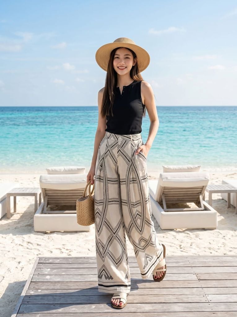 Quần nilen suông dài họa tiết 