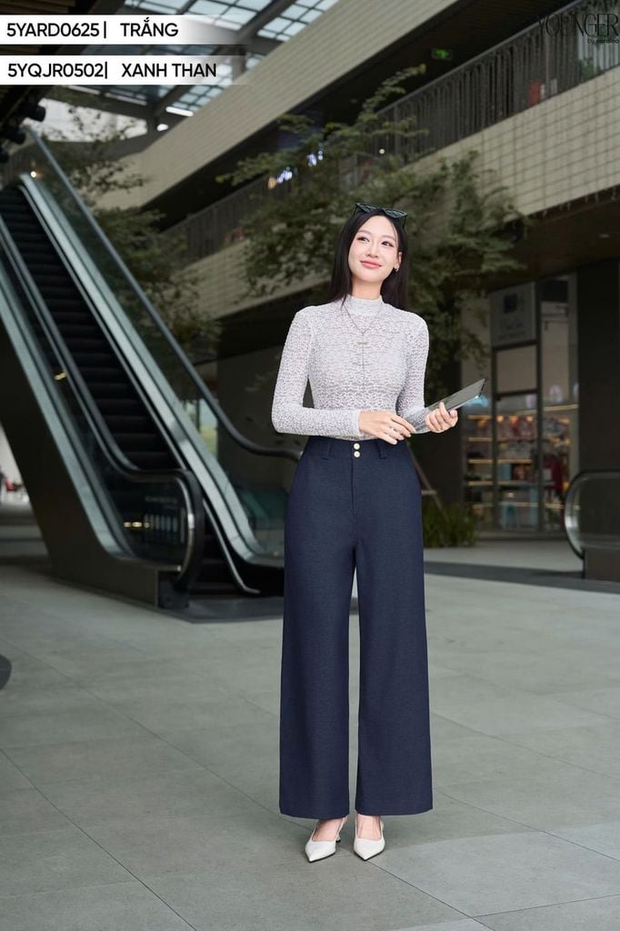  Quần nữ Younger vải giả denim dày dặn dáng ống suông cạp cao 