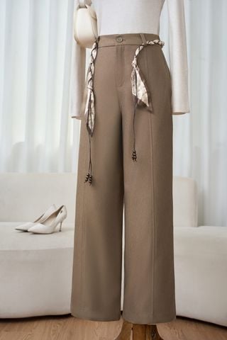 Quần dài nữ vải Denim dày dặn dáng suông phối đai lụa