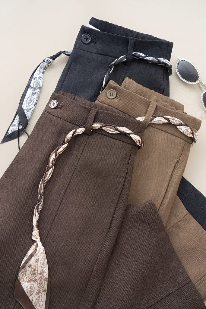  Quần dài nữ vải Denim dày dặn dáng suông phối đai lụa 