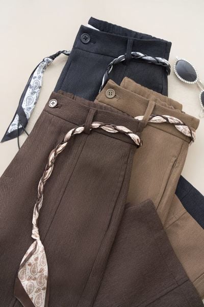  Quần dài nữ vải Denim dày dặn dáng suông phối đai lụa 