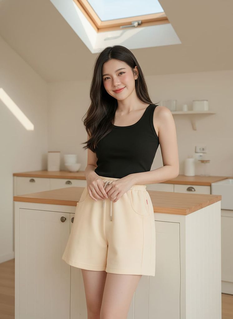  Quần sooc nữ cotton umi cạp chun phối túi hàm ếch 