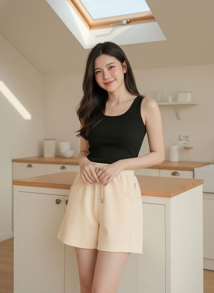  Quần sooc nữ cotton umi cạp chun phối túi hàm ếch 