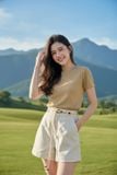 Quần sooc nữ vải kaki cạp cao dáng chữ A kèm dây đai trang trí 