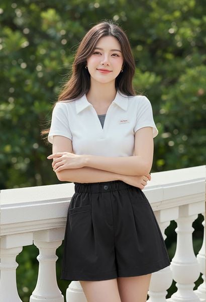  Quần sooc nữ Kaki dáng A cạp chun túi chéo trẻ trung 