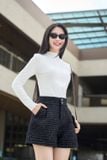  Quần soóc nữ vải dạ tweed dáng chữ A cạp cao 2 khuy 