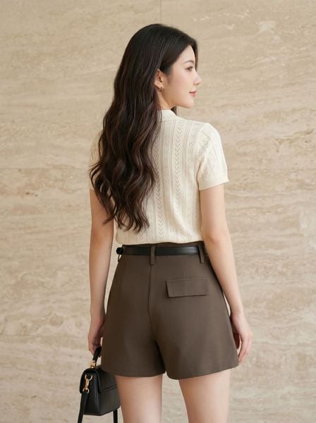 Quần sooc chéo kaki cạp cao dáng A có gân trước 