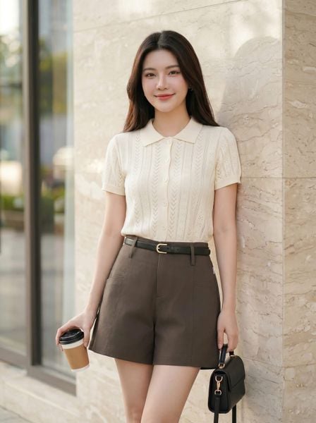 Quần sooc chéo kaki cạp cao dáng A có gân trước 