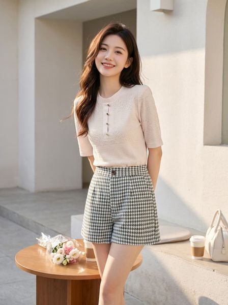  Quần sooc dạ tweed dáng A cạp cao túi chéo 