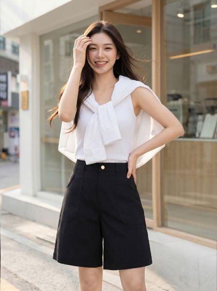 Quần sooc thô lửng cạp cao túi ốp trước 