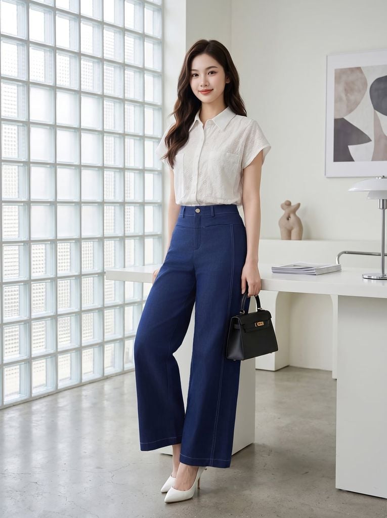 Quần suông dài denim chần chỉ 