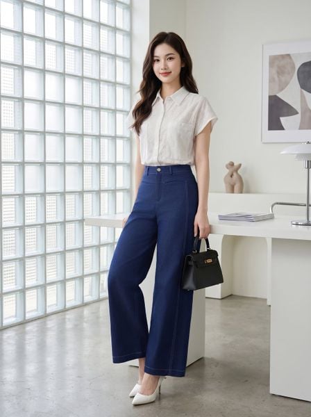  Quần suông dài denim chần chỉ 