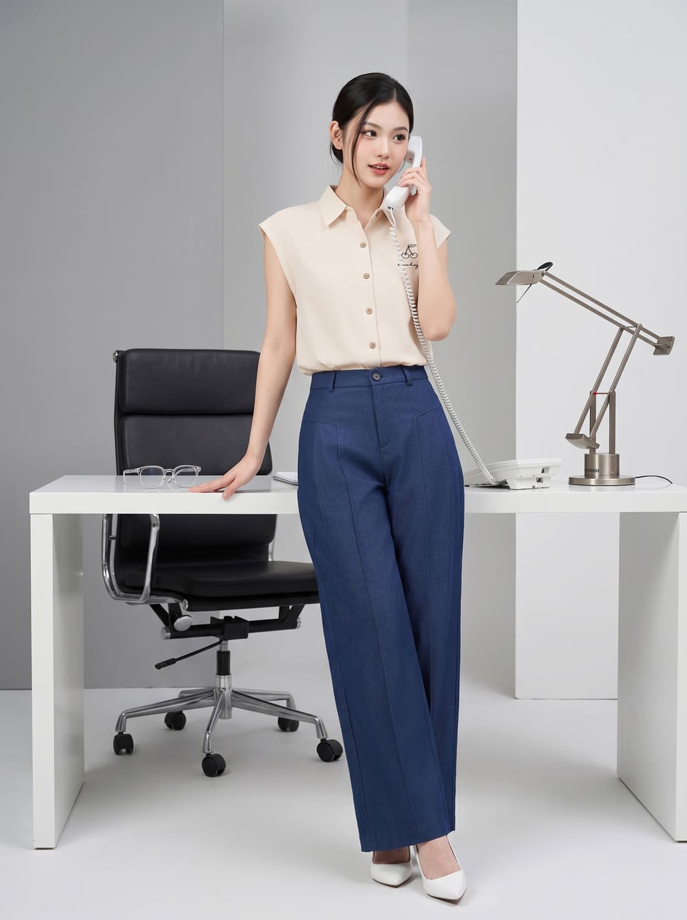 Quần suông denim gân dọc thân túi chìm