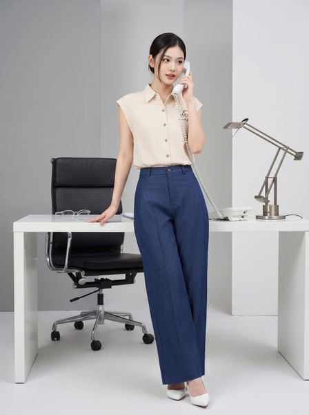  Quần suông denim gân dọc thân túi chìm 