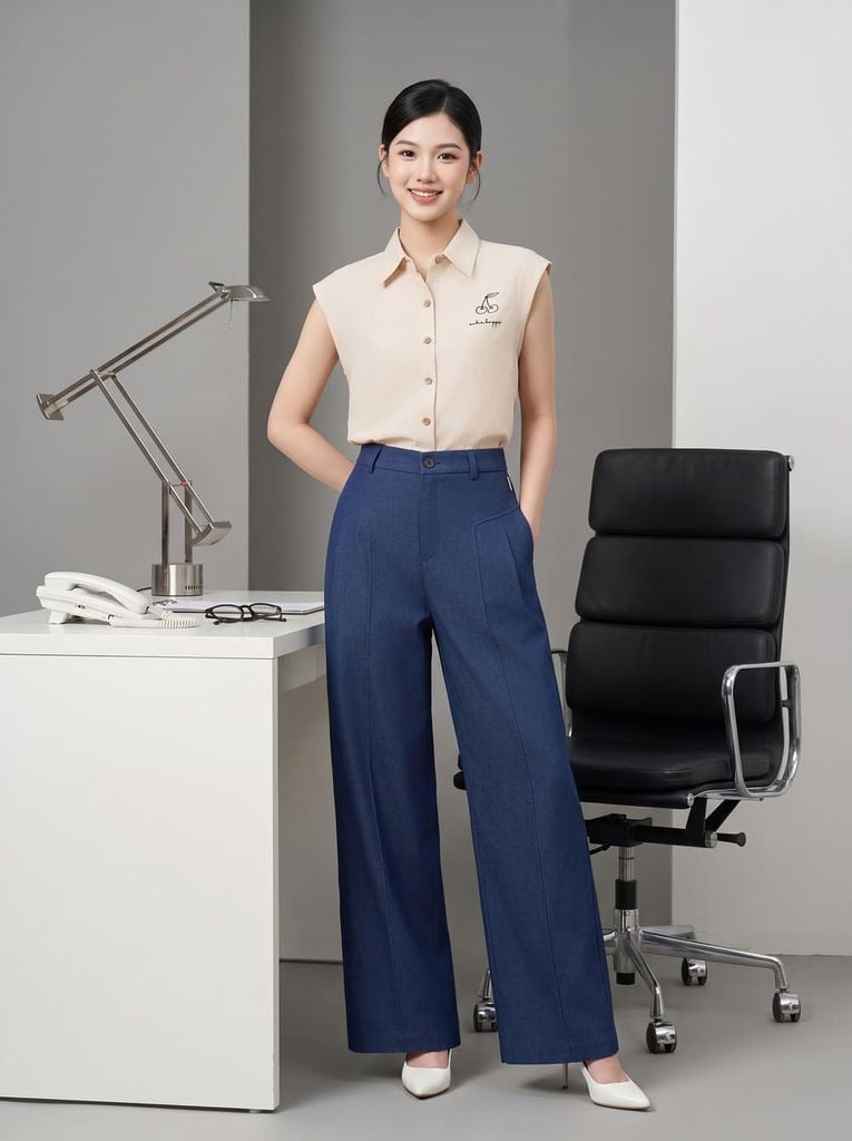  Quần suông denim gân dọc thân túi chìm 