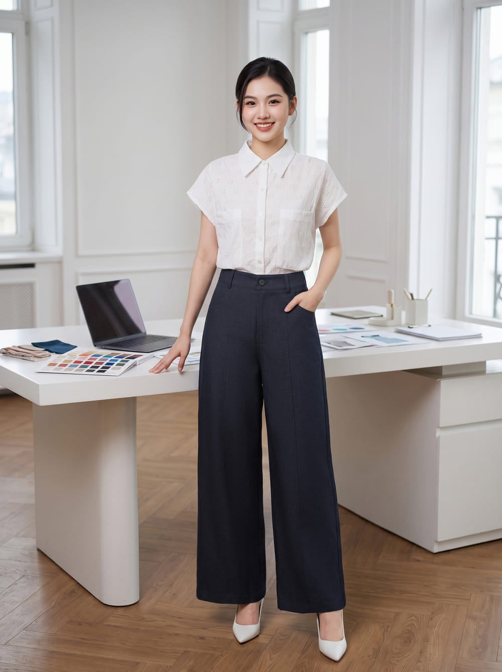 Quần suông denim túi ốp sau