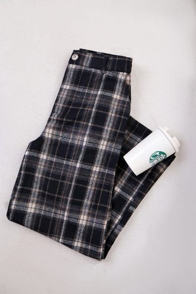  Quần dài nữ vải dạ kẻ dáng suông cạp cao lưng chun 