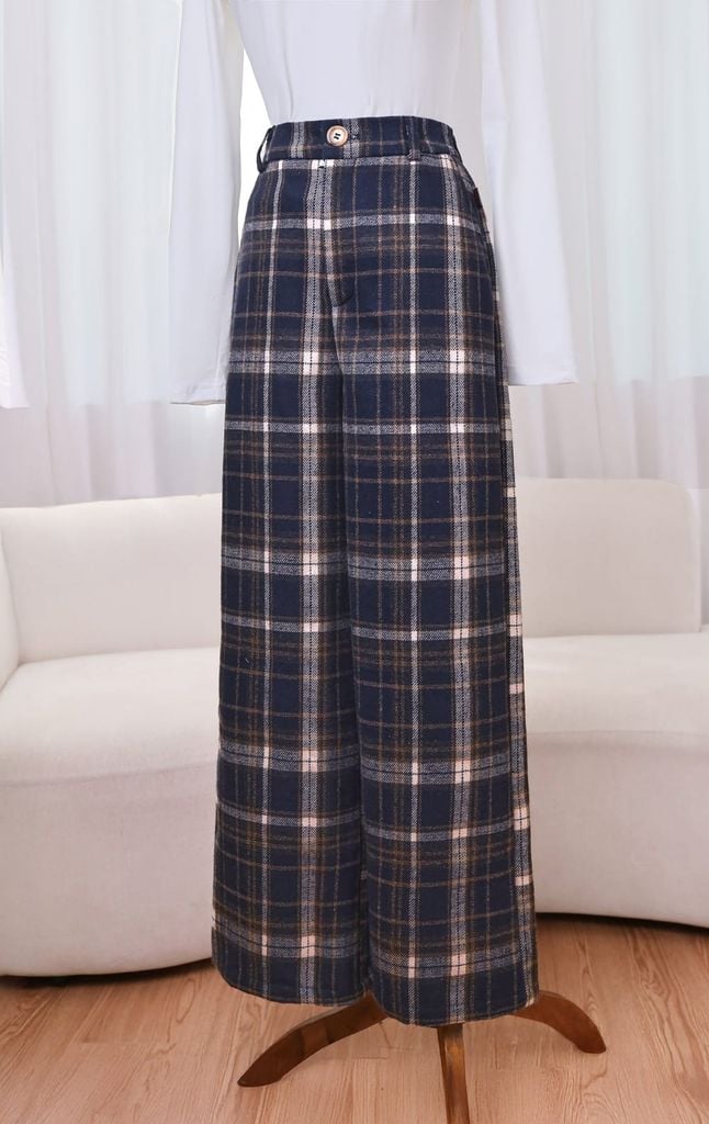  Quần dài nữ vải dạ kẻ dáng suông cạp cao lưng chun 