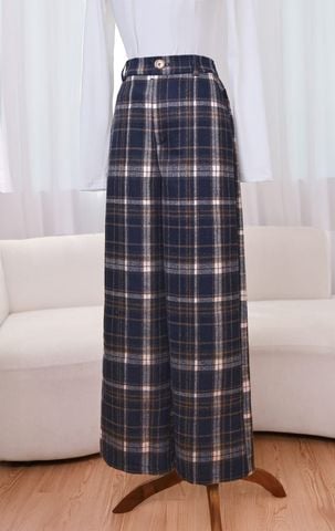 Quần dài nữ vải dạ kẻ dáng suông cạp cao lưng chun
