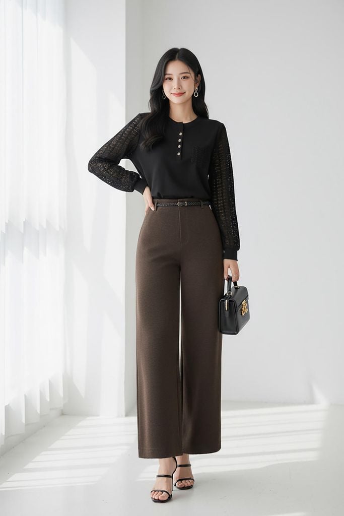  Quần suông dạ Celine chất dạ xương cá cạp sau chun kèm dây lưng 