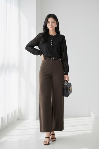  Quần suông dạ Celine chất dạ xương cá cạp sau chun kèm dây lưng 