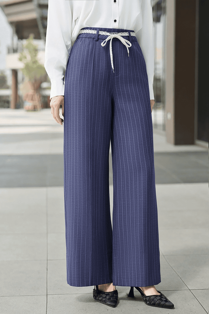  Quần suông nữ vải Tuyết Si Kẻ sọc cạp chun dây rút 