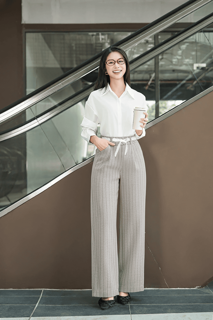  Quần suông nữ vải Tuyết Si Kẻ sọc cạp chun dây rút 