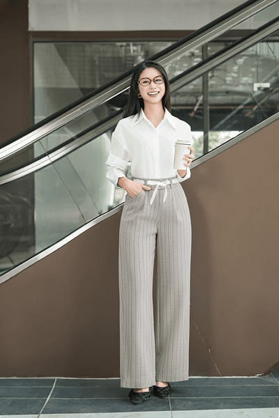 Quần suông nữ vải Tuyết Si Kẻ sọc cạp chun dây rút