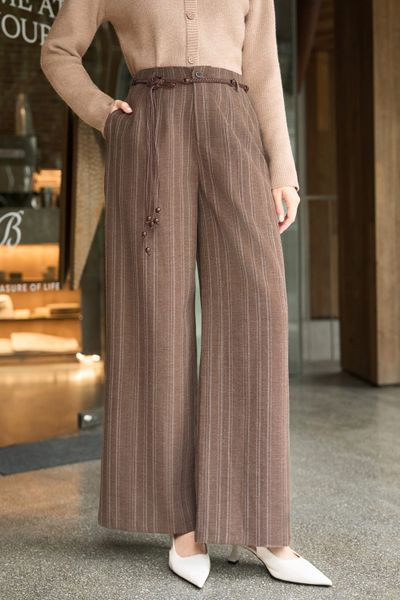  Quần dài thô kẻ dáng suông cạp liền dây đai 