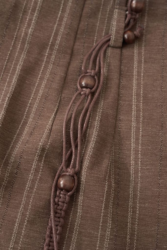  Quần dài thô kẻ dáng suông cạp liền dây đai 