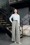  Quần suông nữ tuytsi kẻ sọc cạp liền kèm dây đai. 