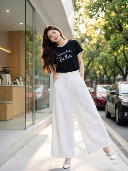  Quần suông chéo hàn ống rộng cạp liền chun sau 
