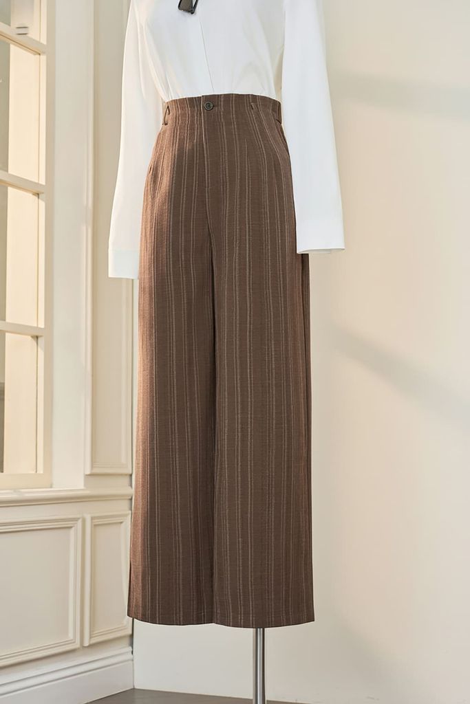  Quần suông vải thô kẻ thiết kế cạp liền chun sau 