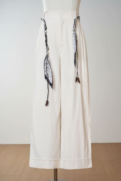  Quần dài vải thô đũi dáng suông gấu lơ vê kèm dây lưng 