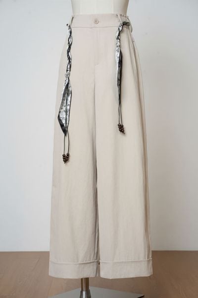  Quần dài vải thô đũi dáng suông gấu lơ vê kèm dây lưng 